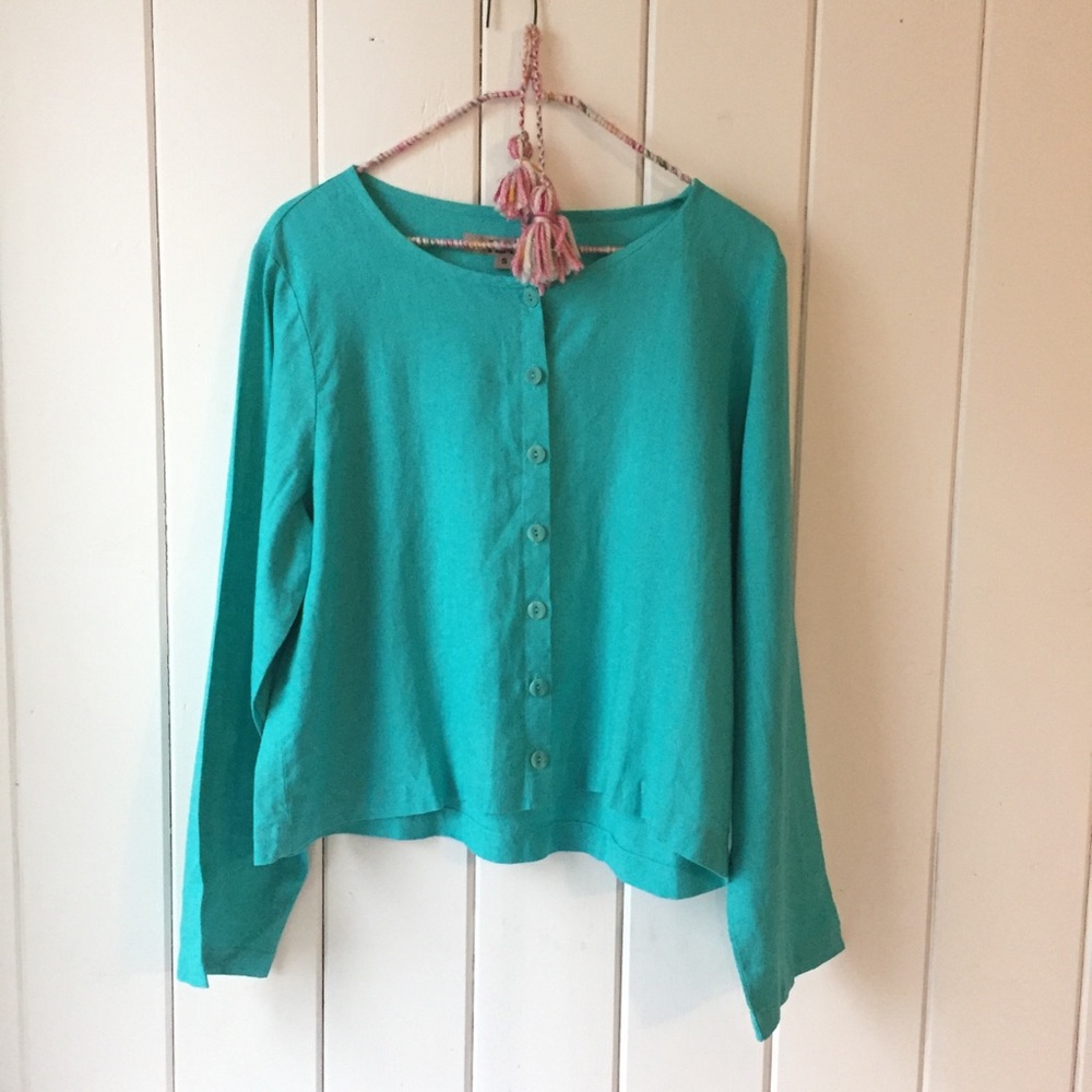 FLAX teal linen button down long sleeve blouse S